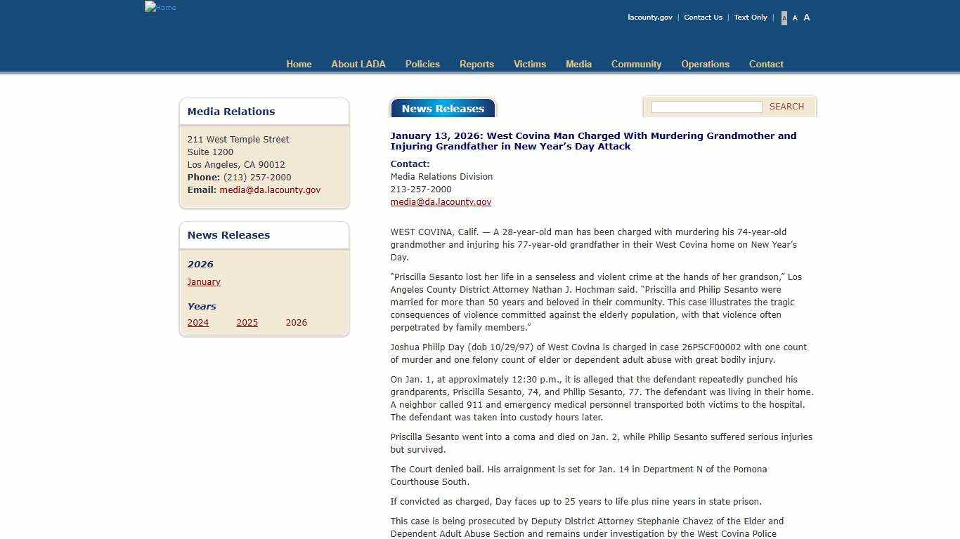 West Covina Man Charged With Murdering Grandmother and Injuring Grandfather in New Year’s Day Attack Los Angeles County District Attorney's Office